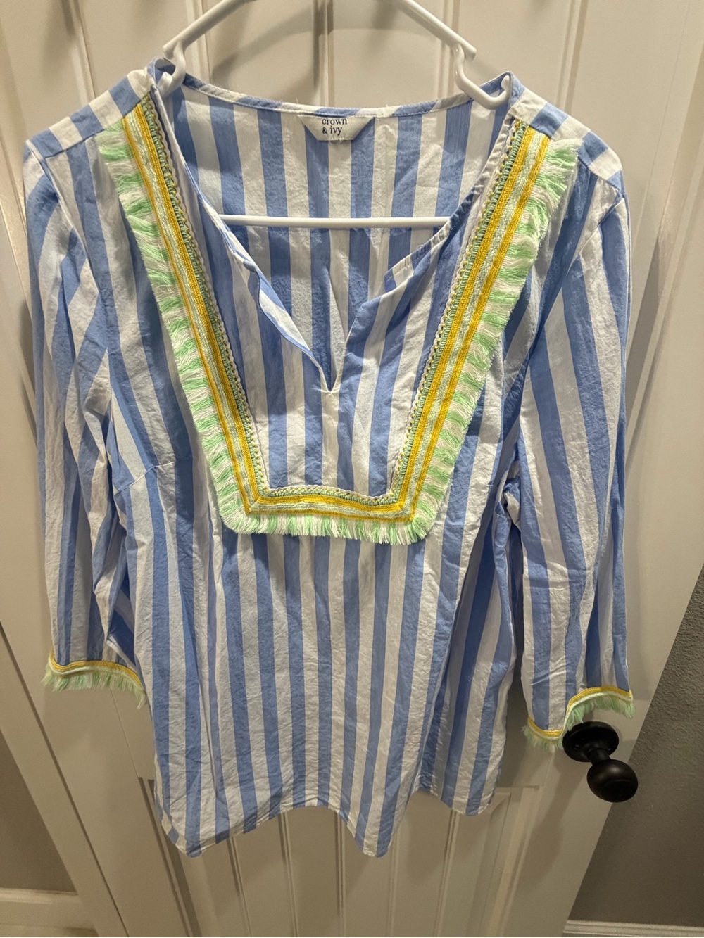 Crown and Ivy Blue and White Striped Tunic with Yellow & Green Trim